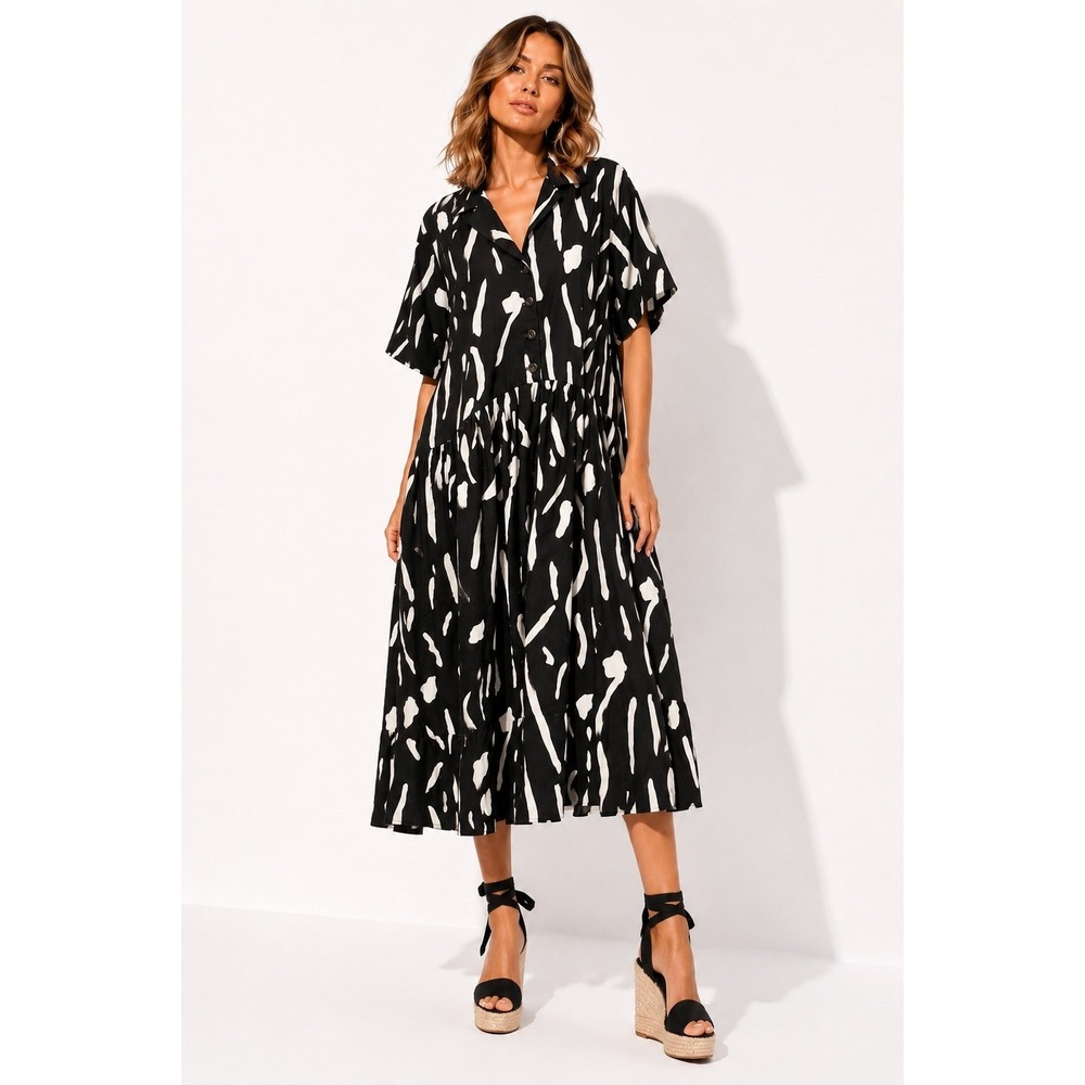 ASOS Design Drop Waist Shirt Dress 4 Midi Smock Mono Blur Print Black White